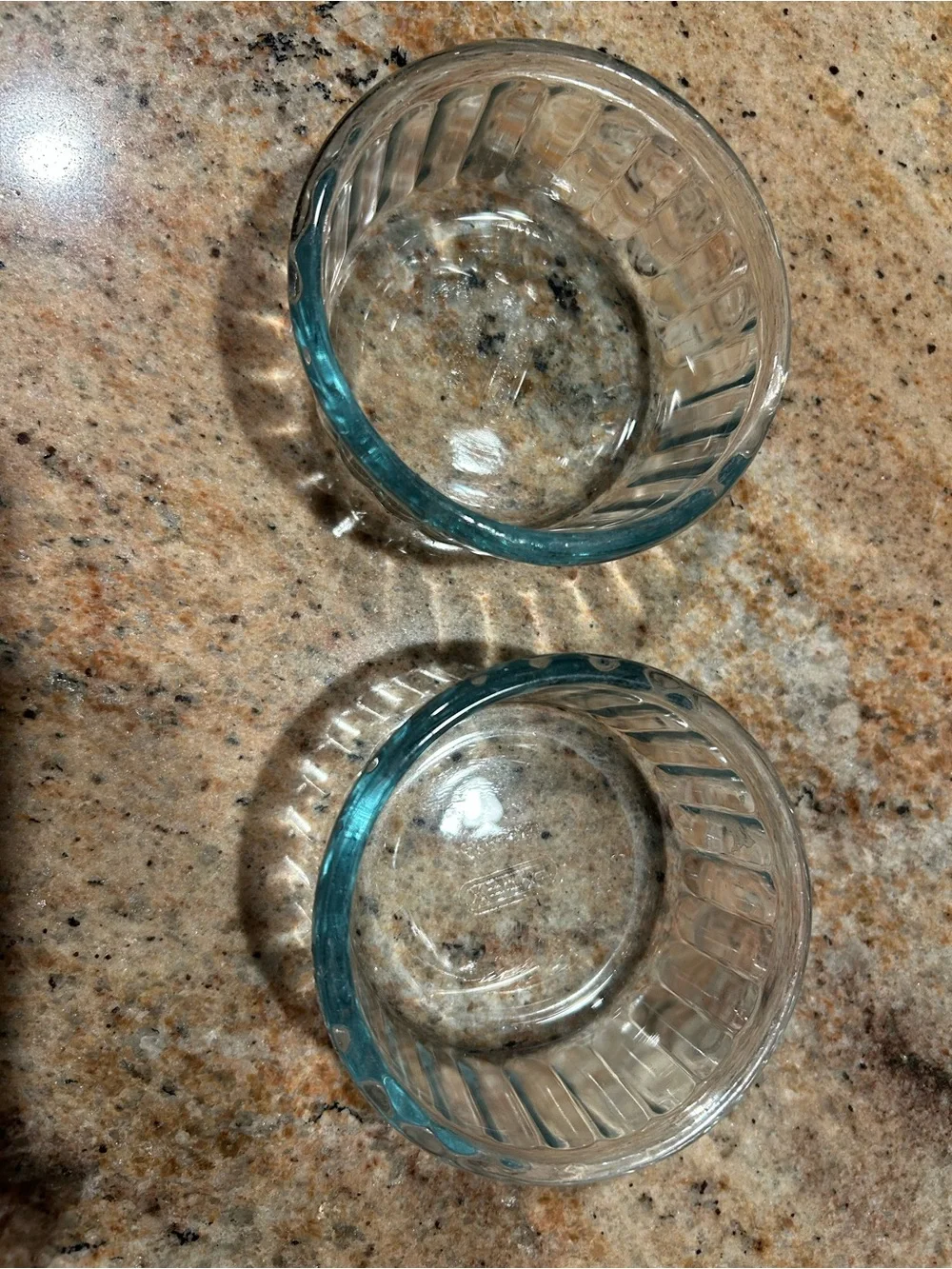 Pyrex England Set of 2 Aqua Tint Ribbed 8 oz Oven Ramekins 4”x2” deep. No chips